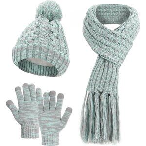 Winter Beanie Hat Scarf and Gloves Set for Women Warm Chunky Knitted Pom Cap